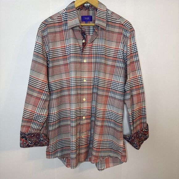 Tallia Men Button Up Shirt L 16.5 Plaid Floral Long Sleeve Colorful Spring Corp - Picture 2 of 11